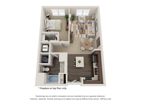 A 3D floor plan of a house with a fireplace on the top floor.